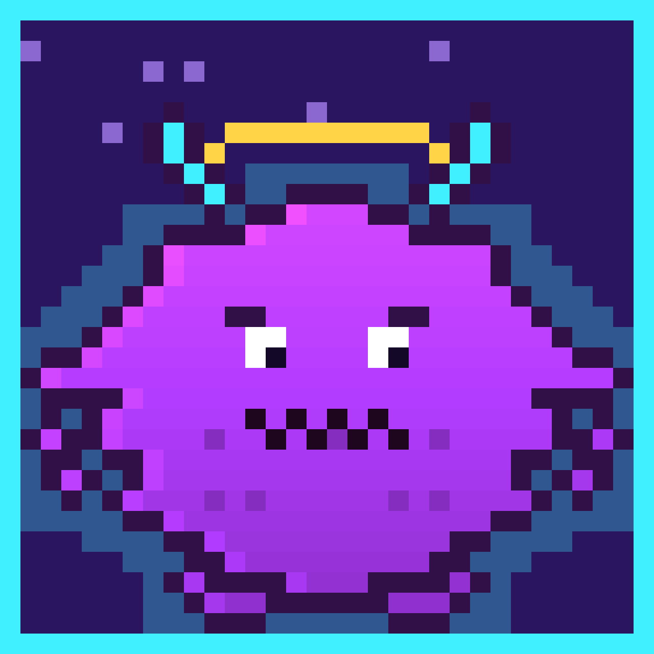 Ink Monster #5: a round hyper-magenta monster with angry eyes, curved horns and a halo on a midnight grid