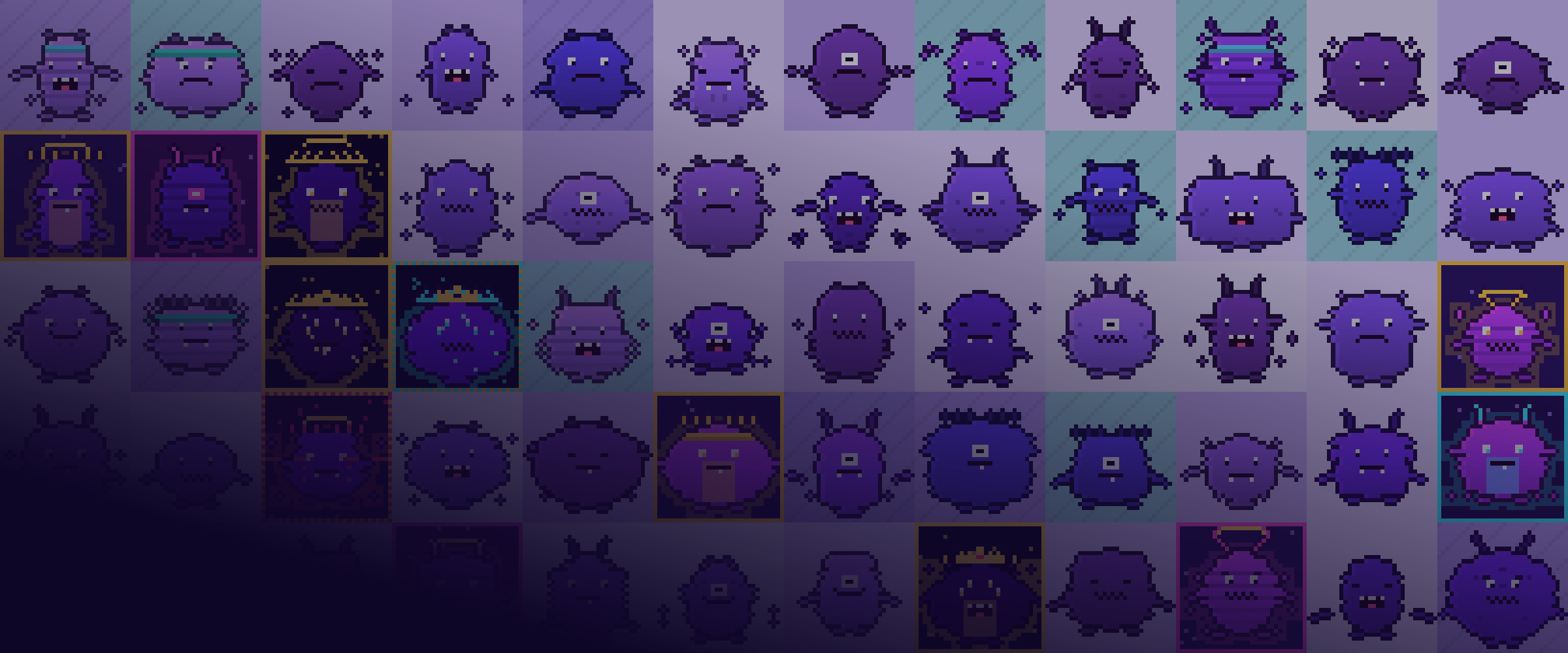 A wall of Ink Monsters pixel-art creatures in purple, magenta, teal and gold