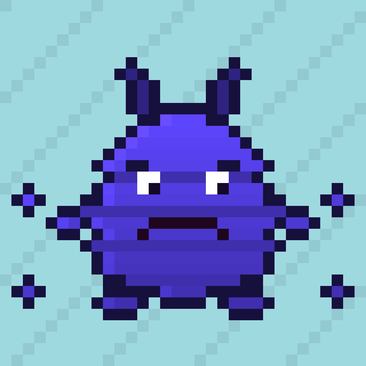 Ink Monster #15: a tall striped indigo monster with antennae, angry eyes and a frown on a teal haze